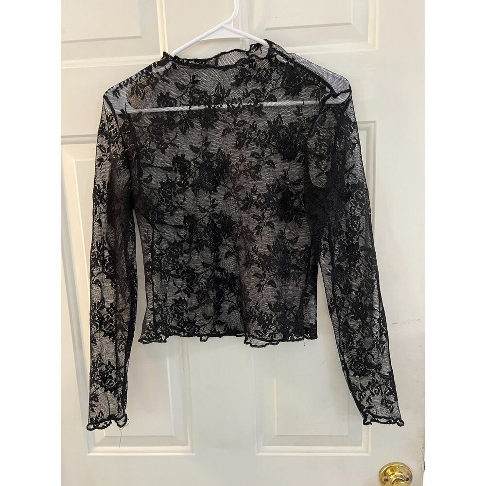 Black Sheer Mesh Floral Long Sleeve Top Layering Whimsigoth Festival Going out S
